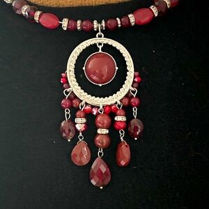 Red Beaded Western BOHO Necklace with‎ Silver Accents